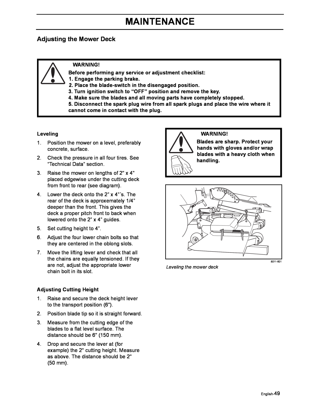 Husqvarna iZ4817SKAA/968999356 Adjusting the Mower Deck, Before performing any service or adjustment checklist, Leveling 