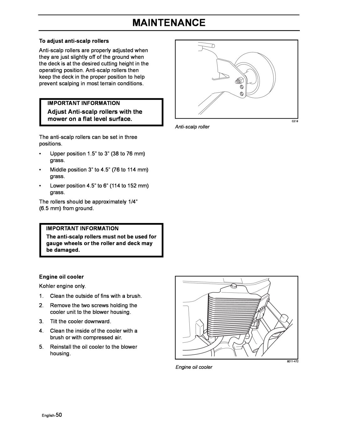 Husqvarna iZ4217TSKAA/9689999254 manual Adjust Anti-scalp rollers with the mower on a flat level surface, Engine oil cooler 