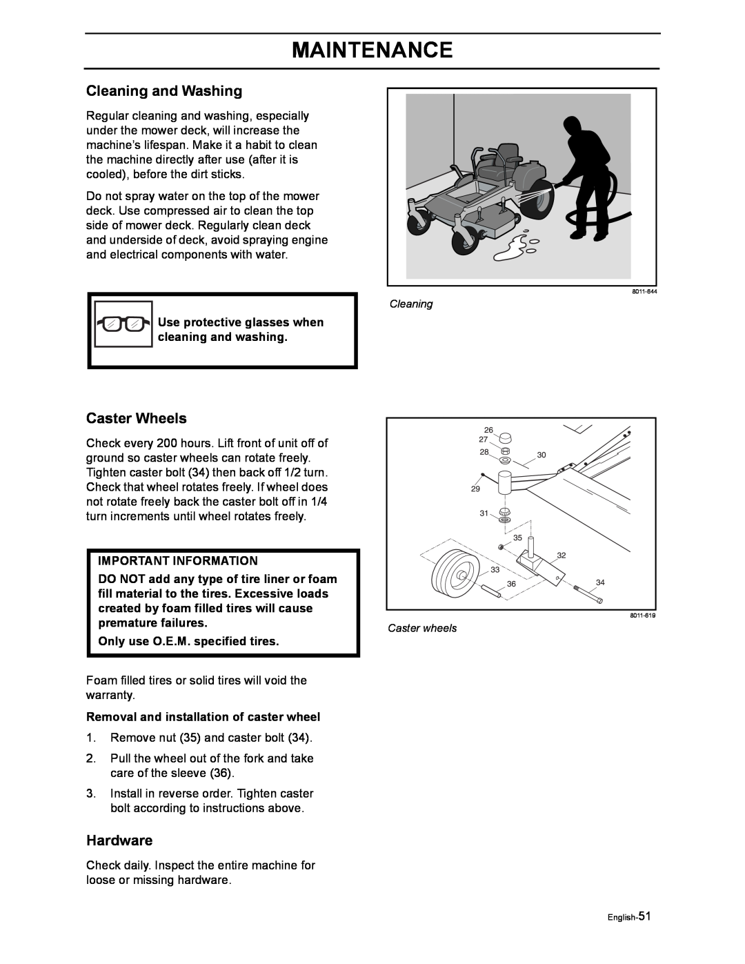 Husqvarna iZ4817SKAA/968999356 Cleaning and Washing, Caster Wheels, Hardware, Only use O.E.M. specified tires, Maintenance 