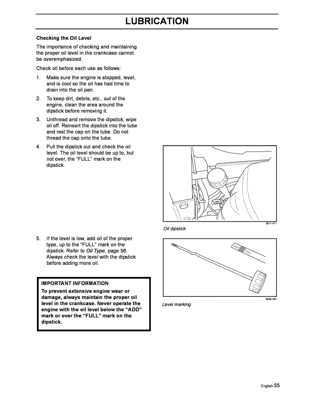 Husqvarna iZ4817SKAA/968999356 manual Checking the Oil Level, Lubrication, Check oil before each use as follows 