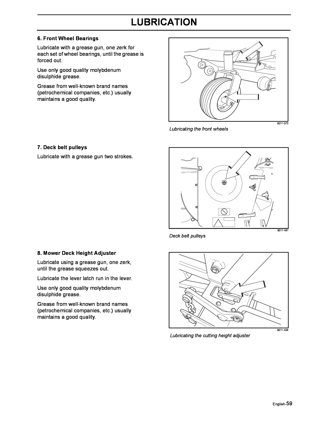 Husqvarna iZ4817SKAA/968999356 manual Front Wheel Bearings, Deck belt pulleys, Mower Deck Height Adjuster, Lubrication 