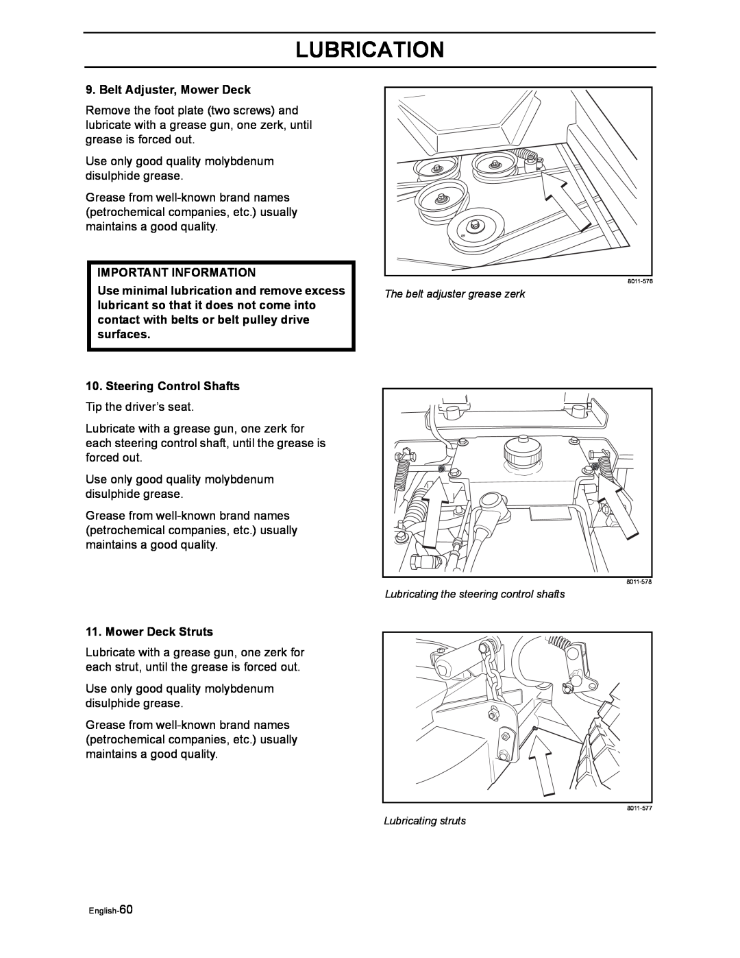 Husqvarna iZ4217TSKAA/9689999254 Belt Adjuster, Mower Deck, Steering Control Shafts Tip the driver’s seat, Lubrication 