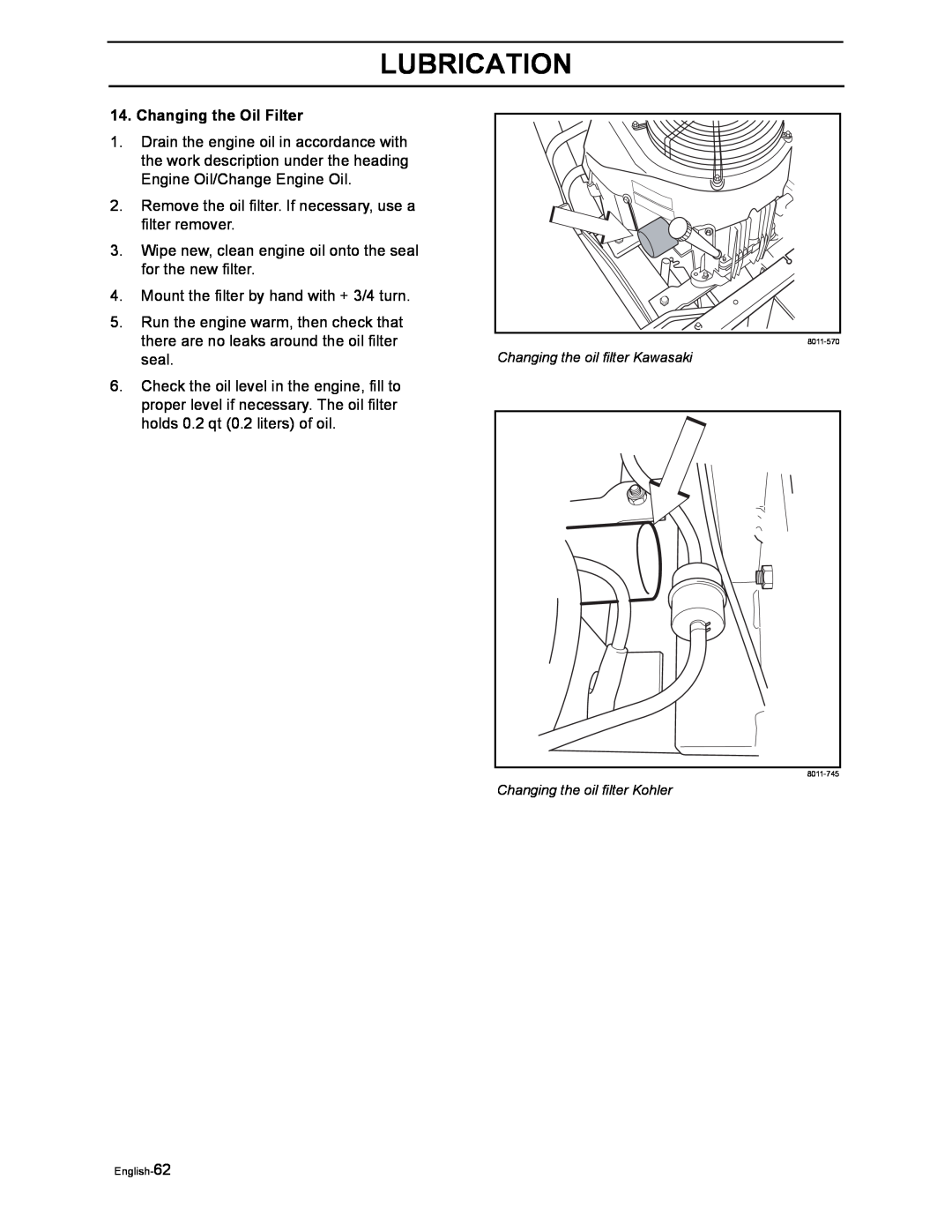 Husqvarna iZ4217TSKAA/9689999254, iZ4817SKAA/968999356 manual Changing the Oil Filter, Lubrication 