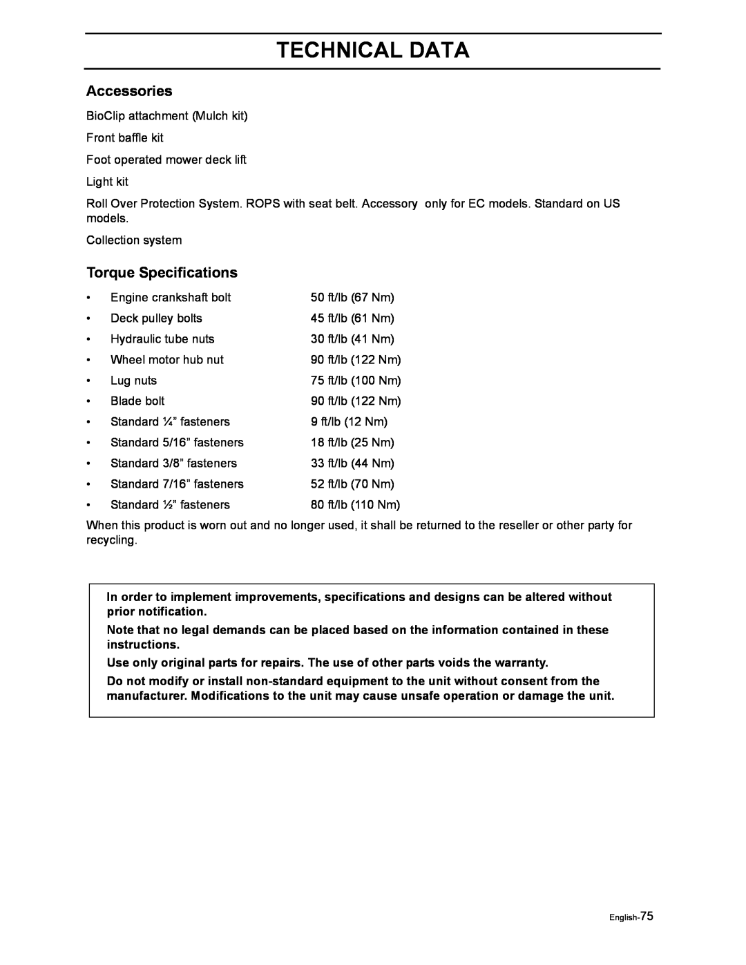 Husqvarna iZ4817SKAA/968999356, iZ4217TSKAA/9689999254 manual Torque Specifications, Technical Data, Accessories, English-75 