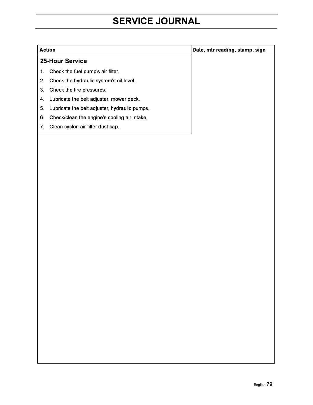 Husqvarna iZ4817SKAA/968999356 manual Hour Service, Service Journal, Action, Date, mtr reading, stamp, sign, English-79 