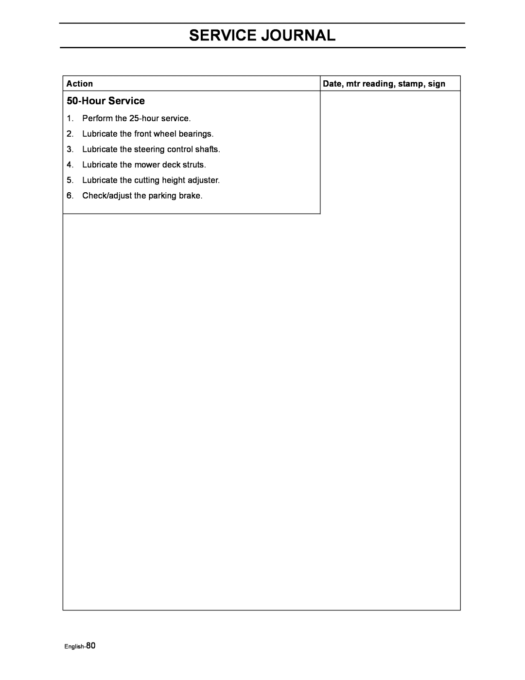 Husqvarna iZ4217TSKAA/9689999254 manual Hour Service, Service Journal, Action, Date, mtr reading, stamp, sign, English-80 