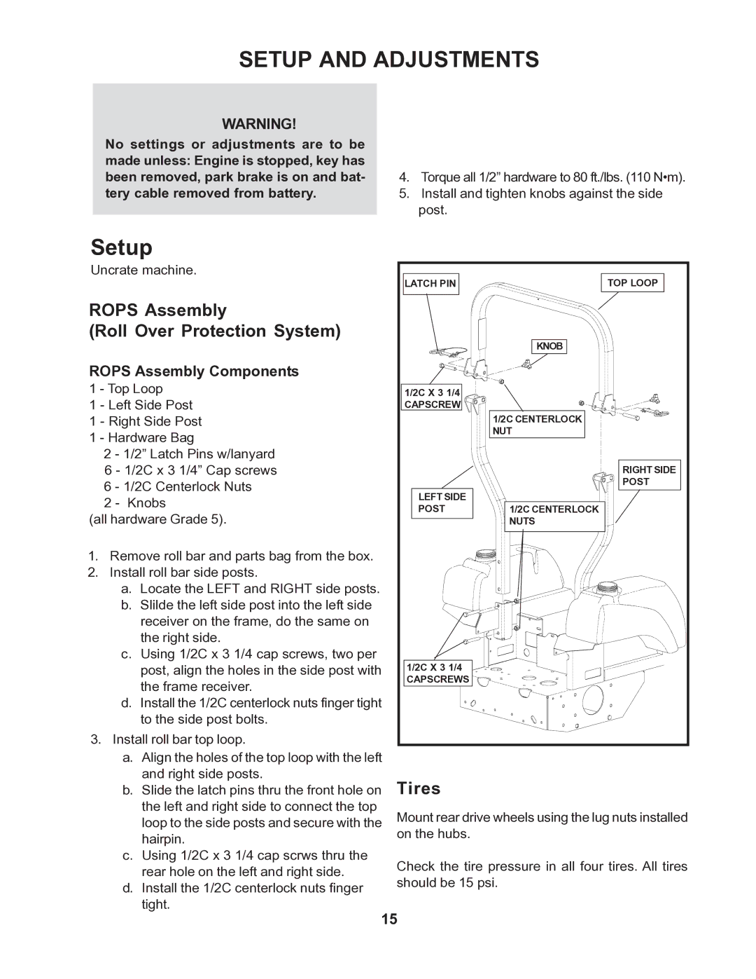 Husqvarna iZ4821KAA, iZ5223KAA, iZ5223TKOA, iZ4217TSKAA, iZ4817TSKAA, iZ6123KAA, iZ5223TKAA Setup and Adjustments, Tires 