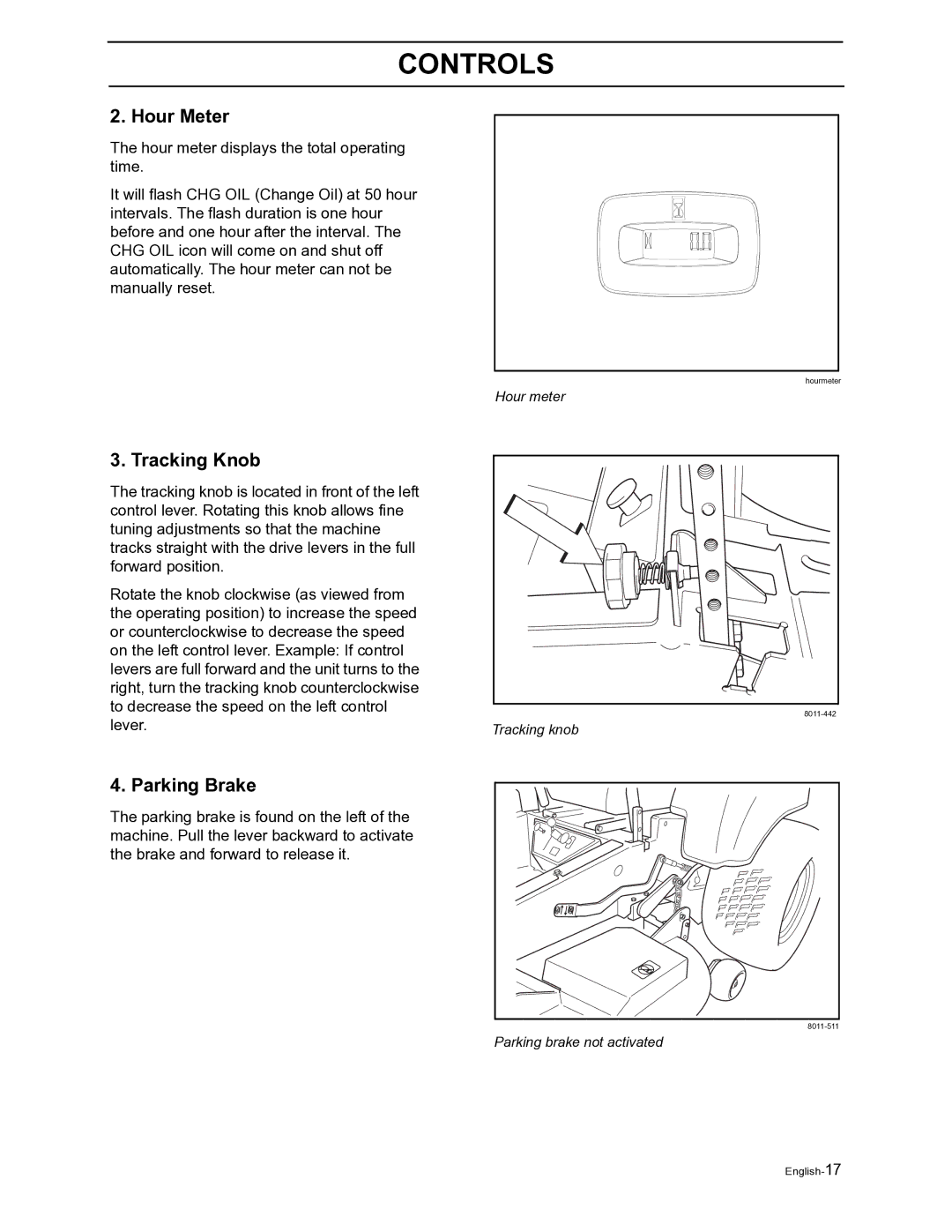 Husqvarna iZ6123TKAA, iZ4821TSKAA, iZ4817TSKAA, iZ5223TSKAA, iZ5223TKOA manual Hour Meter, Tracking Knob, Parking Brake 