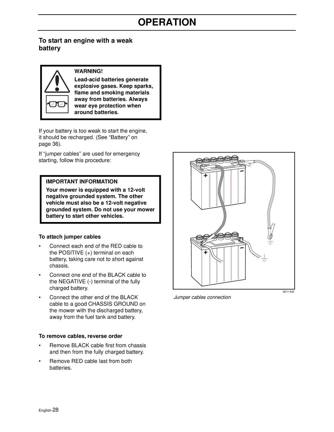 Husqvarna iZ4821TSKAA, iZ6123TKAA, iZ4817TSKAA manual To start an engine with a weak battery, To remove cables, reverse order 