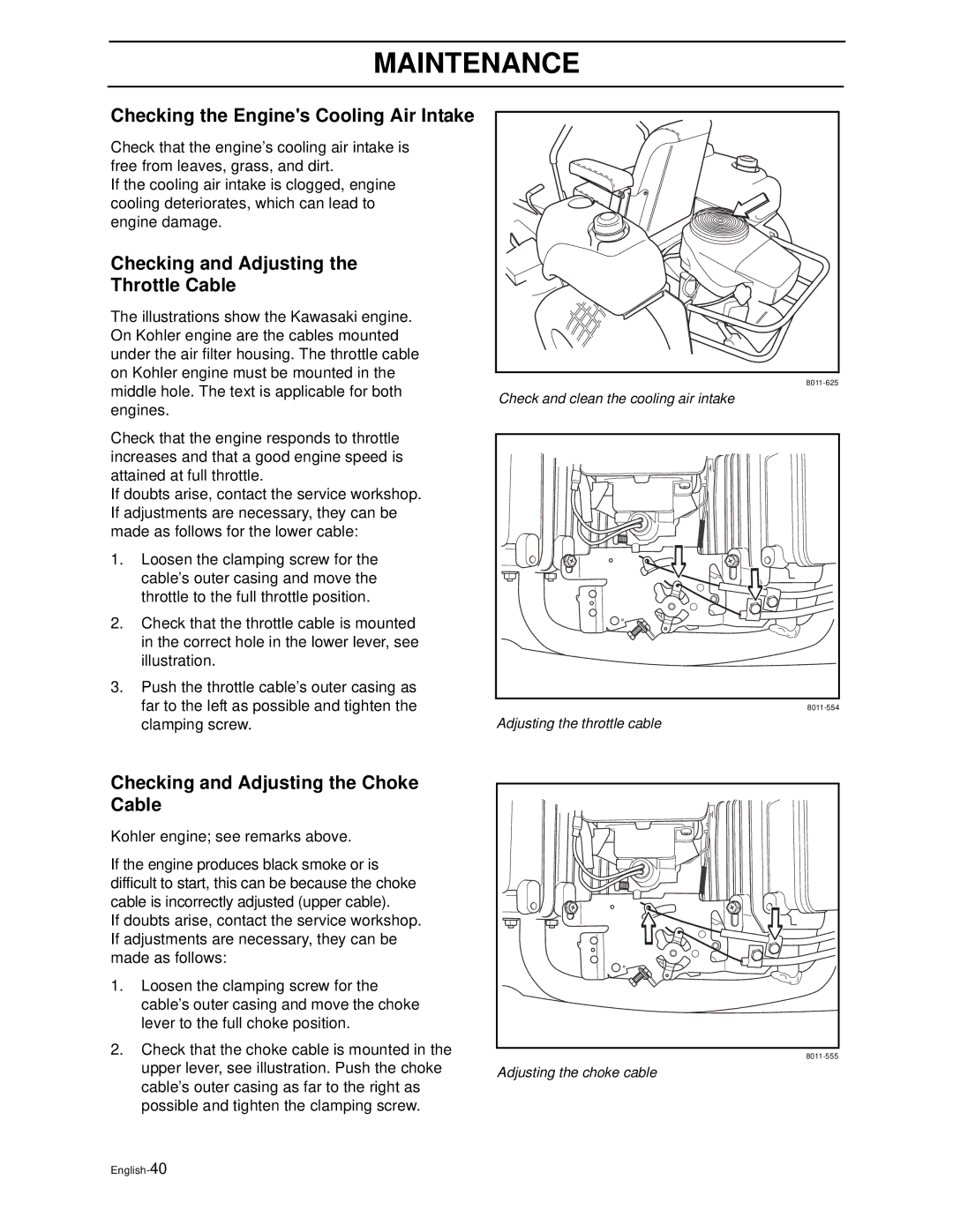 Husqvarna iZ4821TSKAA, iZ6123TKAA manual Checking the Engines Cooling Air Intake, Checking and Adjusting Throttle Cable 