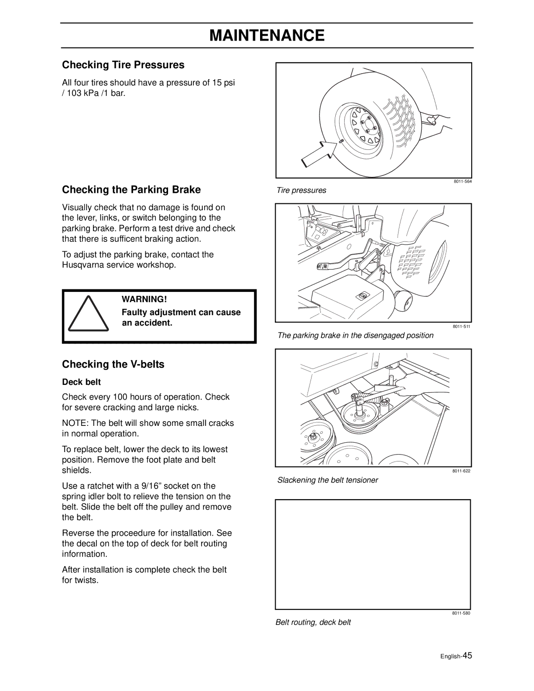 Husqvarna iZ4217TSKAA, iZ4817TSKAA, iZ4821TKAA, iZ5223TKAA, iZ5223KOA, iZ6123TKAA manual Checking Tire Pressures, Deck belt 