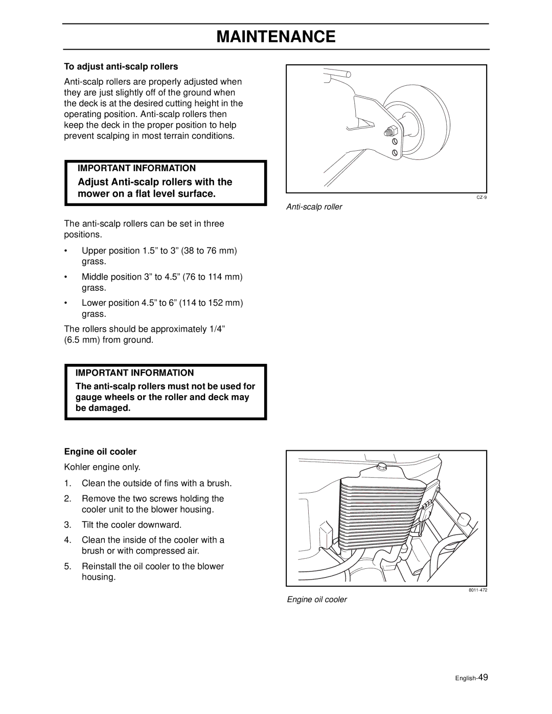 Husqvarna iZ5223TSKAA, iZ4821TSKAA, iZ6123TKAA, iZ4817TSKAA, iZ5223TKOA manual To adjust anti-scalp rollers 