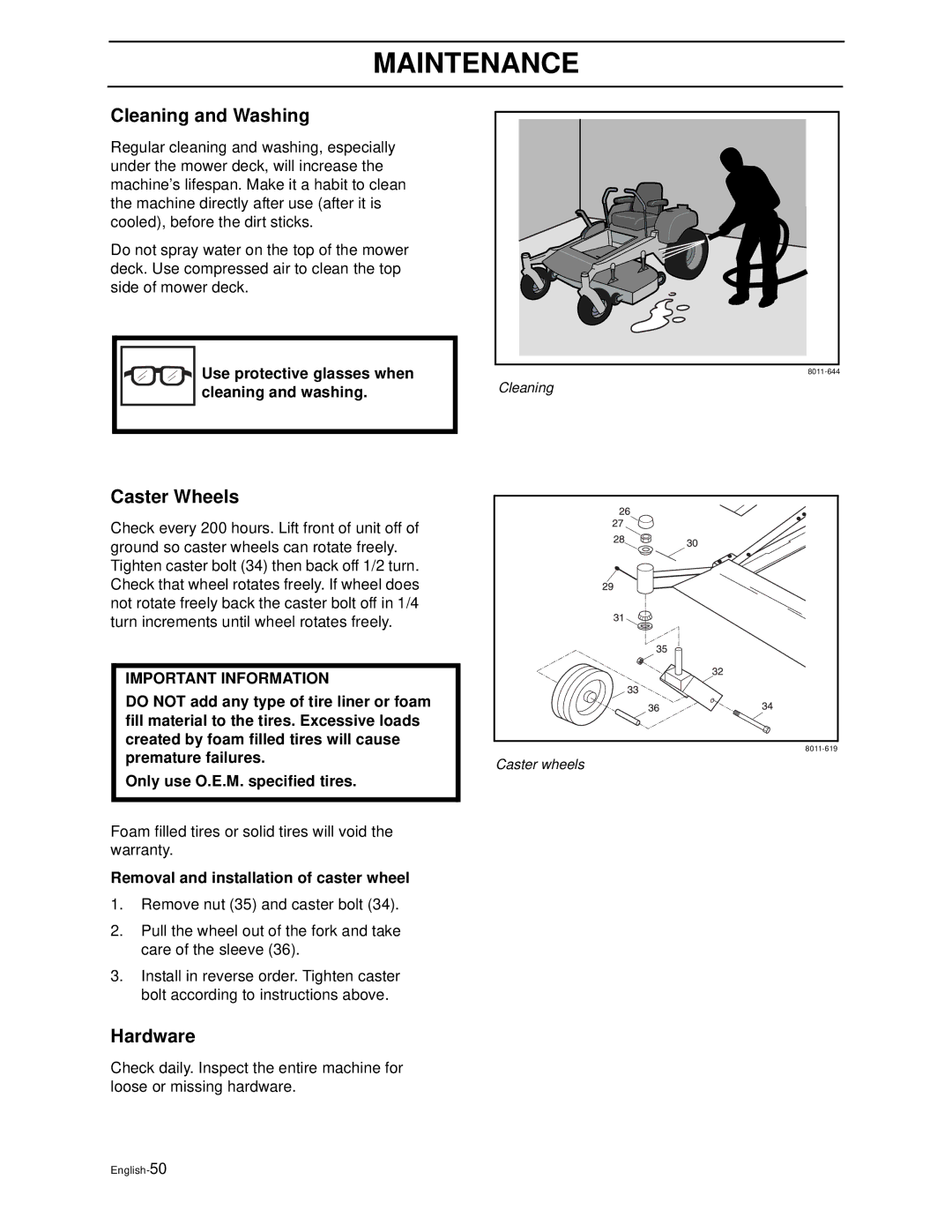 Husqvarna iZ5223TKOA manual Cleaning and Washing, Caster Wheels, Hardware, Use protective glasses when cleaning and washing 