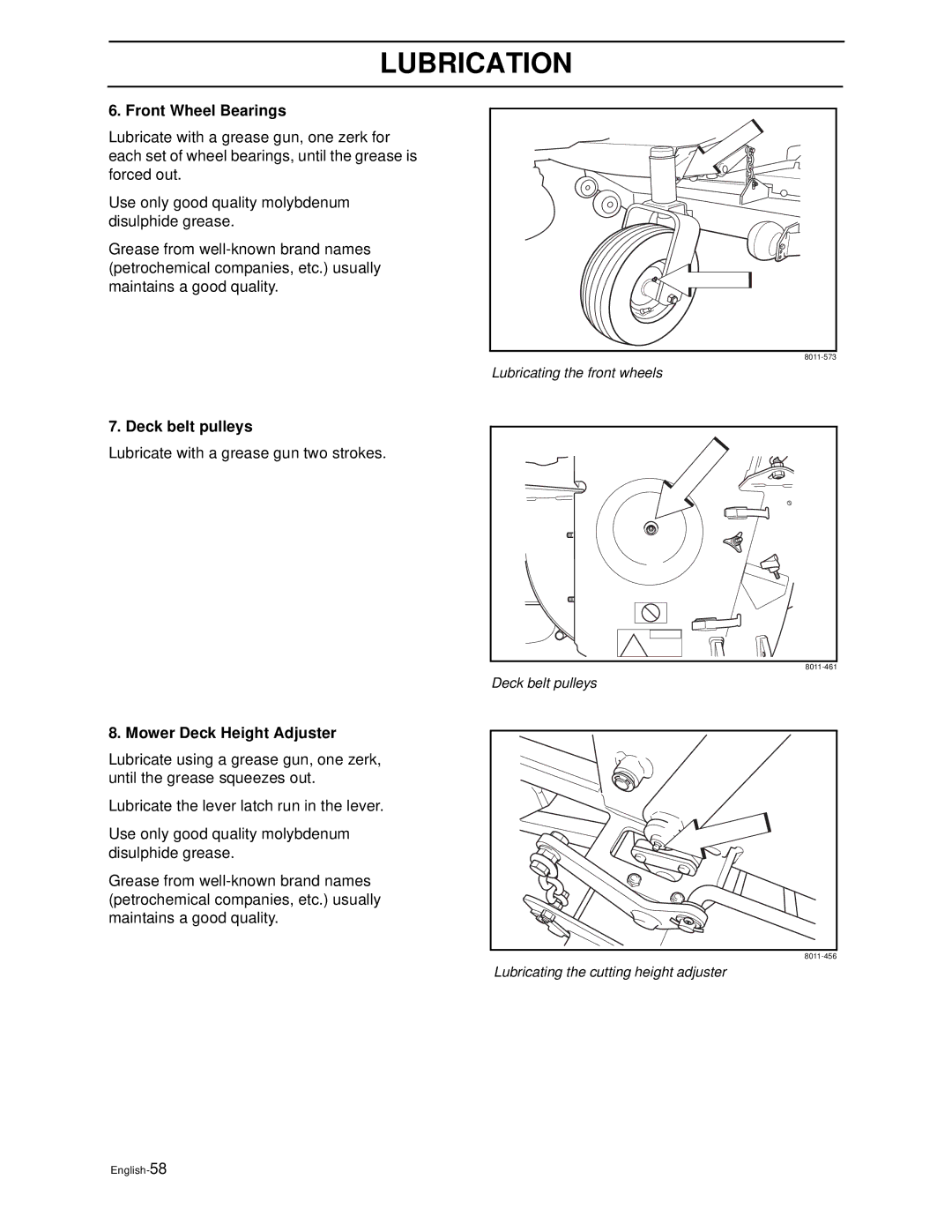 Husqvarna iZ4821TSKAA, iZ6123TKAA, iZ4817TSKAA manual Front Wheel Bearings, Deck belt pulleys, Mower Deck Height Adjuster 