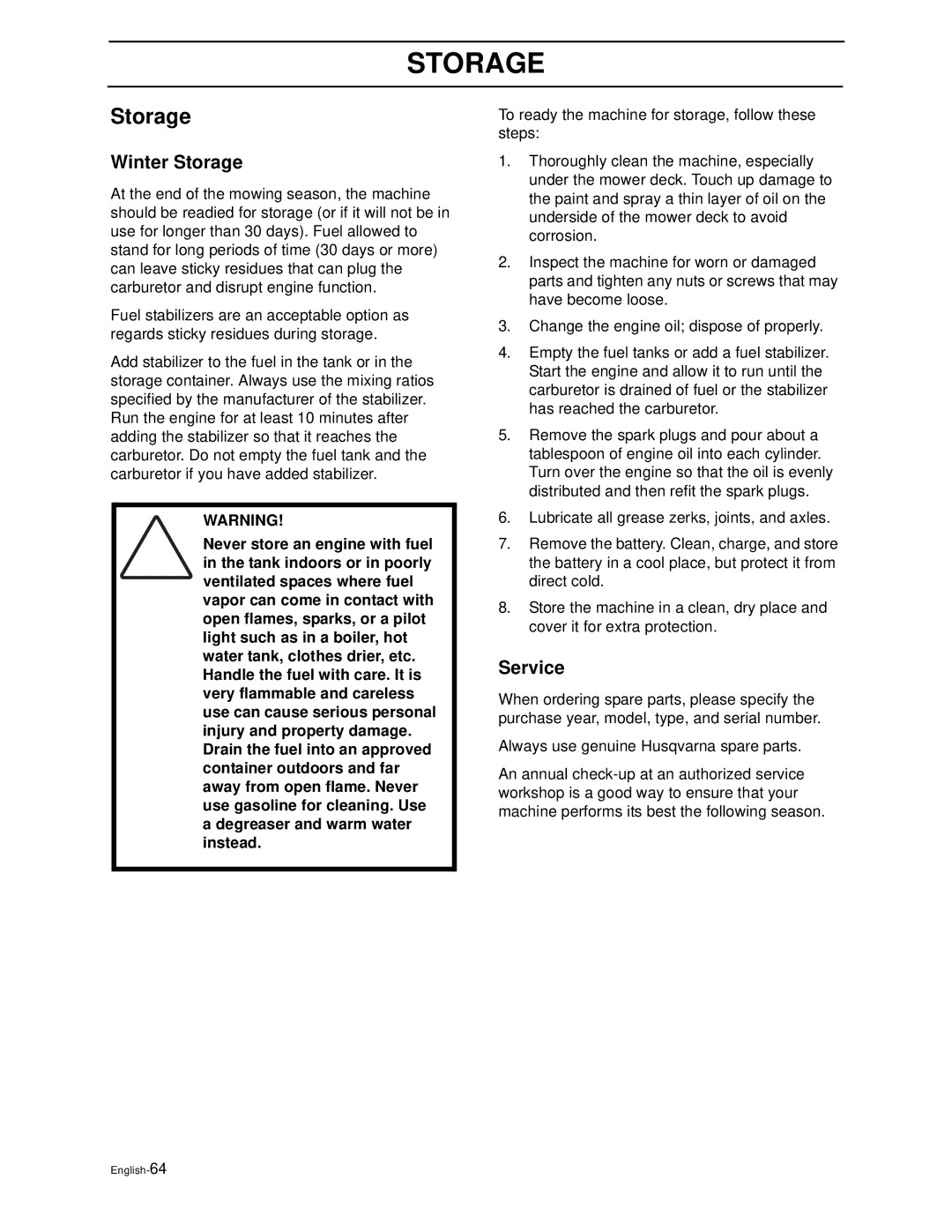 Husqvarna iZ4821TSKAA, iZ6123TKAA, iZ4817TSKAA, iZ5223TSKAA, iZ5223TKOA manual Winter Storage, Service 