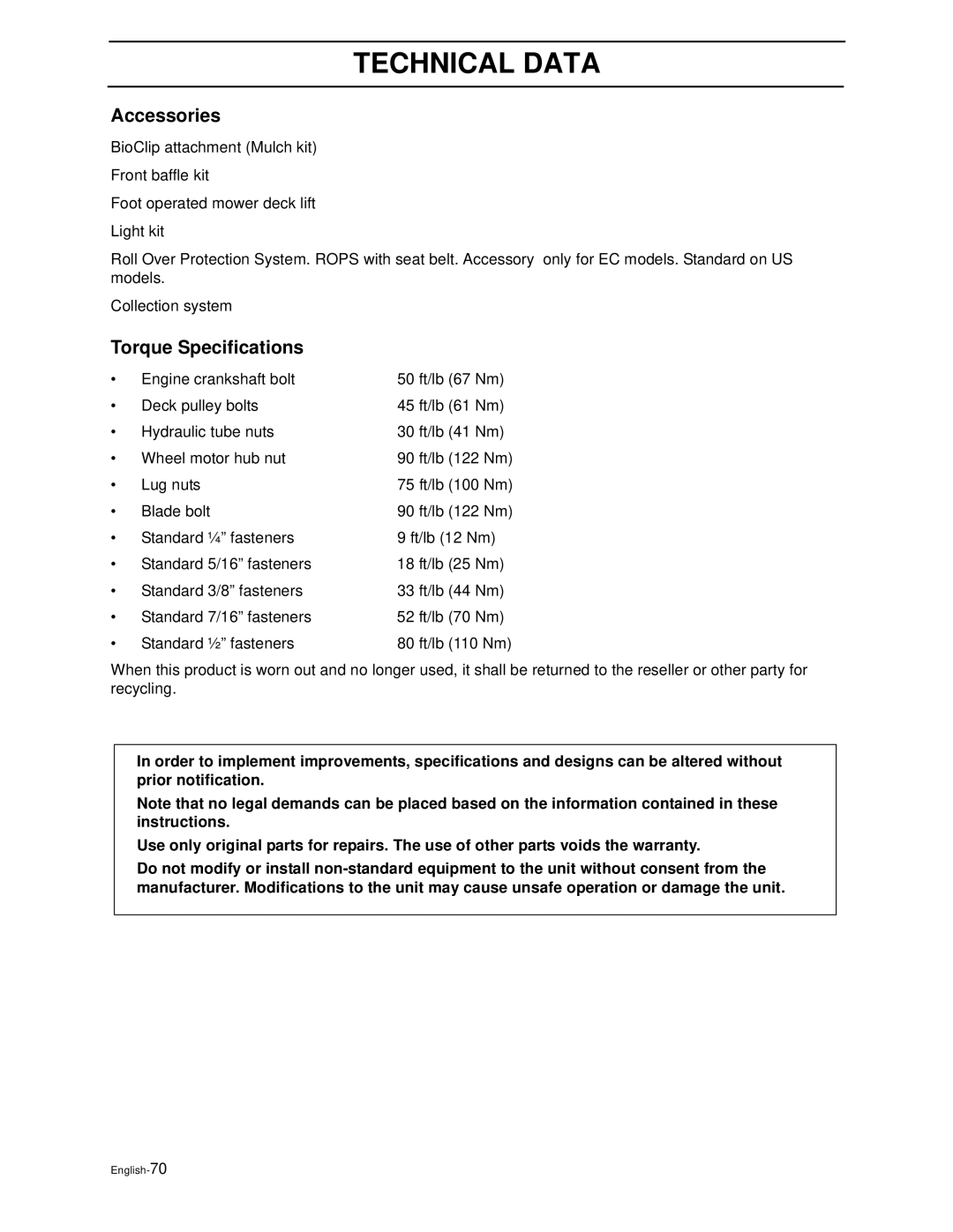 Husqvarna iZ4821TSKAA, iZ6123TKAA, iZ4817TSKAA, iZ5223TSKAA, iZ5223TKOA manual Accessories, Torque Specifications 