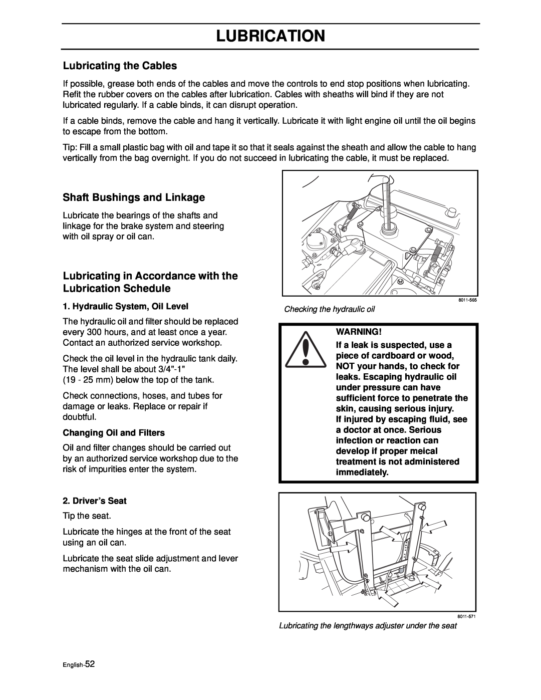 Husqvarna iZ4821TSKAA manual Lubricating the Cables, Shaft Bushings and Linkage, Lubrication, Hydraulic System, Oil Level 
