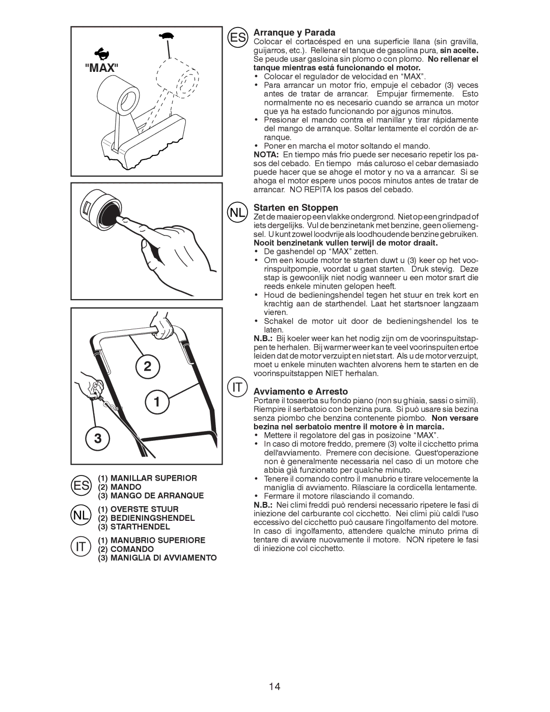 Husqvarna J 55L instruction manual Arranque y Parada, Starten en Stoppen, Avviamento e Arresto 