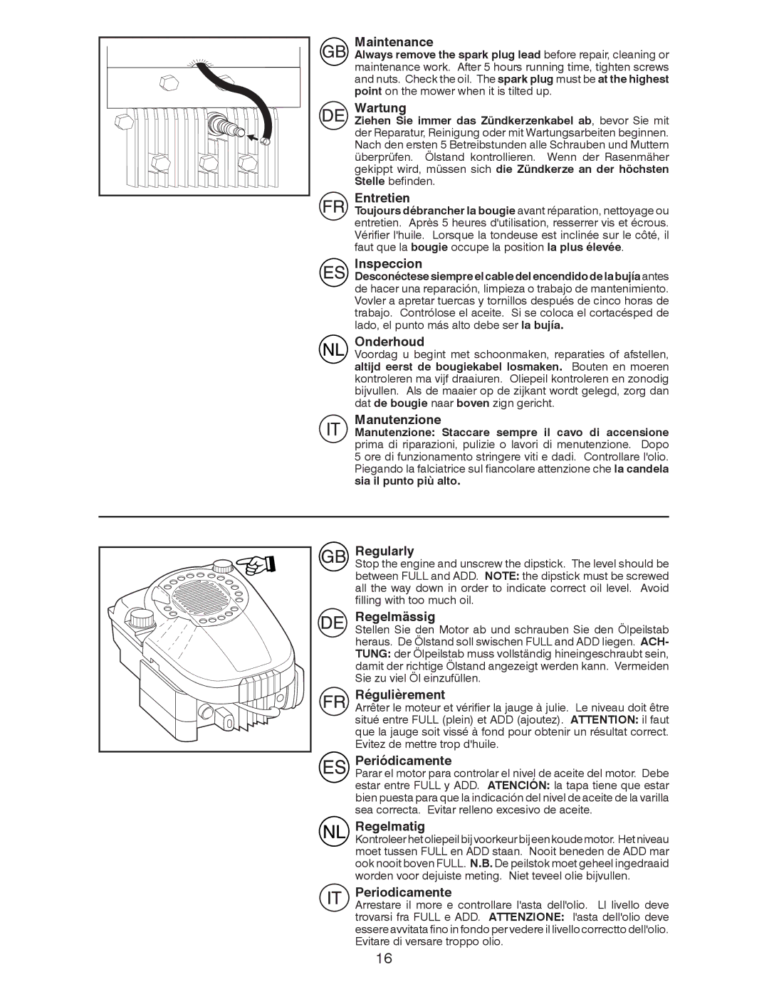 Husqvarna J 55L Maintenance, Wartung, Entretien, Inspeccion, Onderhoud, Manutenzione, Regularly, Regelmässig, Regelmatig 