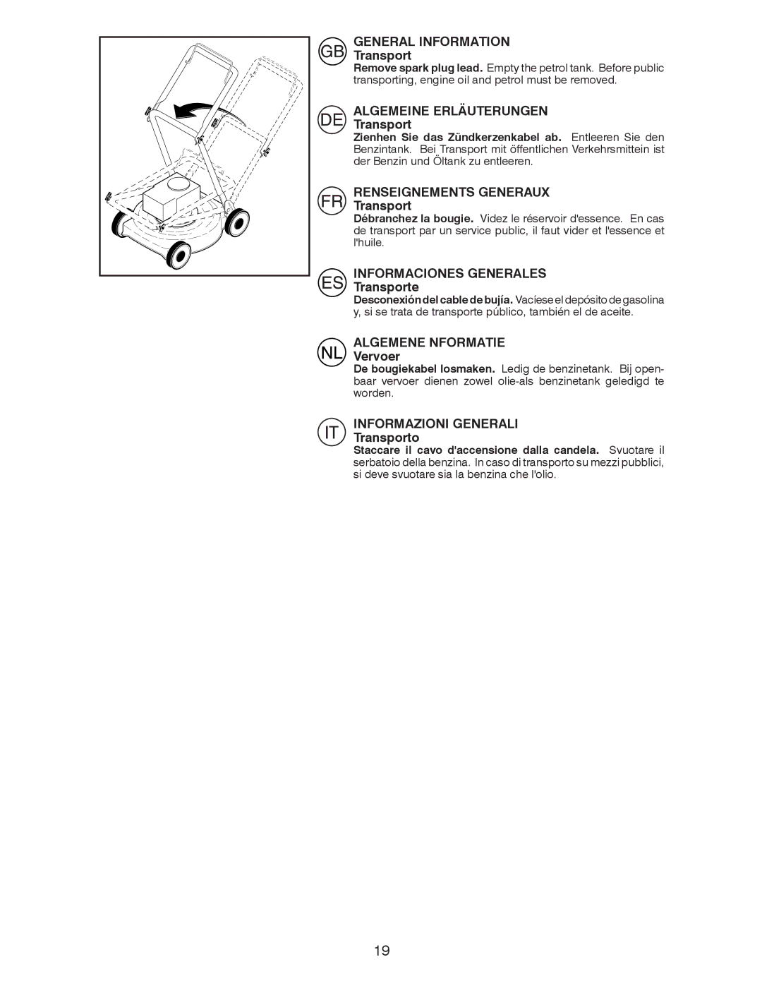 Husqvarna J 55L instruction manual Transporte, Vervoer, Transporto 