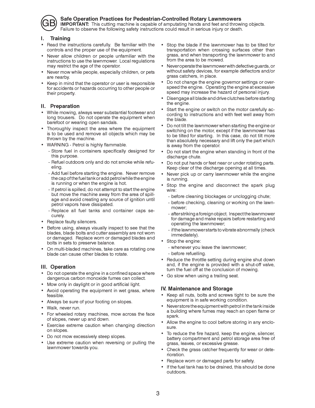 Husqvarna J 55L instruction manual Training, II. Preparation, III. Operation, IV. Maintenance and Storage 