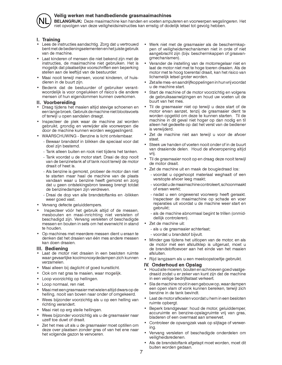 Husqvarna J 55L instruction manual Veilig werken met handbediende grasmaaimachines, II. Voorbereiding, III. Bediening 