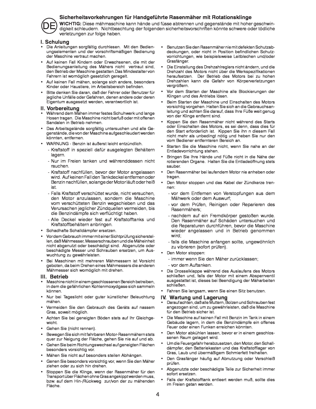 Husqvarna J 55L instruction manual I. Schulung, II. Vorbereitung, III. Betrieb, IV. Wartung und Lagerung 