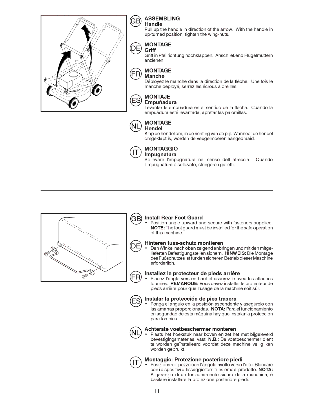 Husqvarna J 55S L instruction manual Handle, Griff, Manche, Empuñadura, Hendel, Impugnatura, Install Rear Foot Guard 