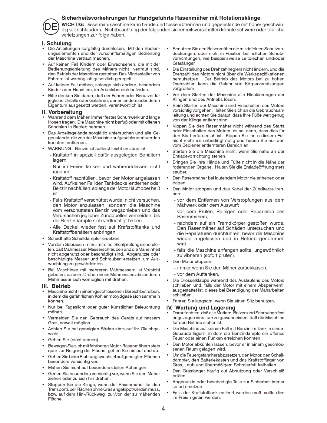 Husqvarna J 55S L instruction manual Schulung, II. Vorbereitung, III. Betrieb, IV. Wartung und Lagerung 