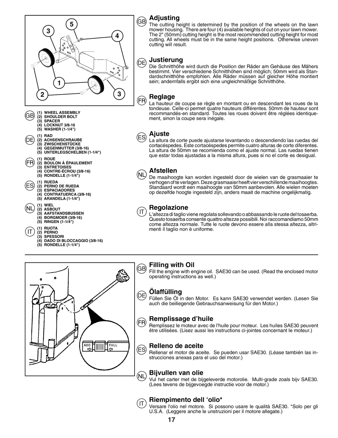 Husqvarna J49 Adjusting, Justierung, Reglage, Ajuste, Afstellen, Regolazione, Filling with Oil, Ölaffülling 