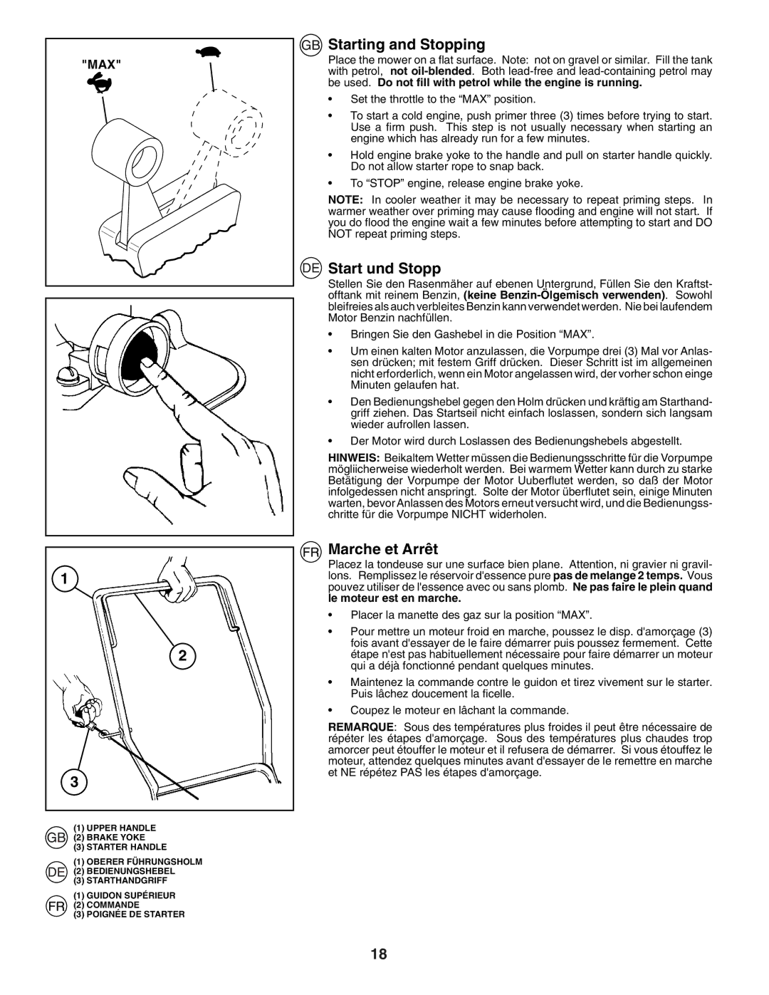 Husqvarna J49 instruction manual Starting and Stopping, Start und Stopp, Marche et Arrêt 