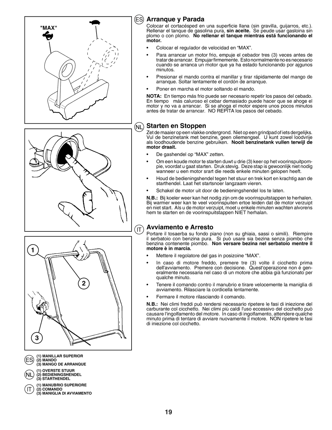 Husqvarna J49 instruction manual Arranque y Parada, Starten en Stoppen, Avviamento e Arresto 