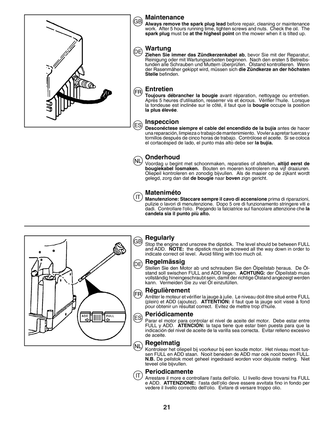 Husqvarna J49 Maintenance, Wartung, Entretien, Inspeccion, Onderhoud, Mateniméto, Regularly, Regelmässig, Régulièrement 