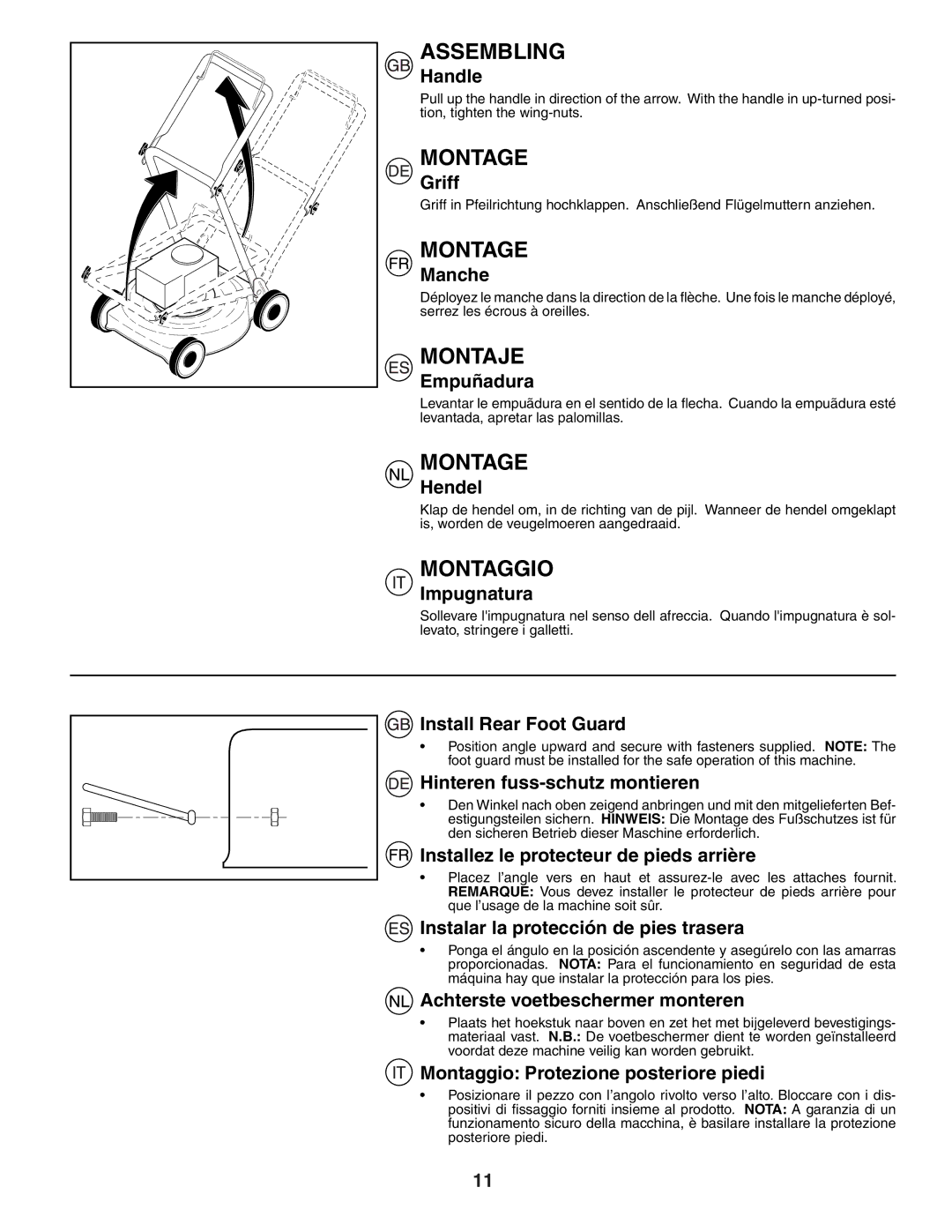 Husqvarna J50 instruction manual Handle, Griff, Manche, Empuñadura, Hendel, Impugnatura, Install Rear Foot Guard 