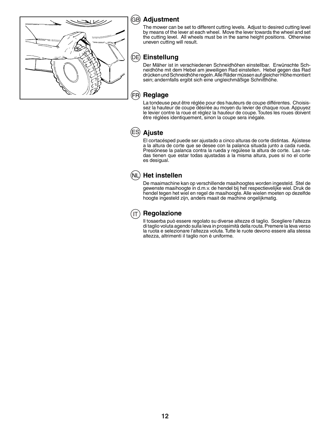 Husqvarna J50 instruction manual Adjustment, Einstellung, Reglage, Ajuste, Het instellen, Regolazione 