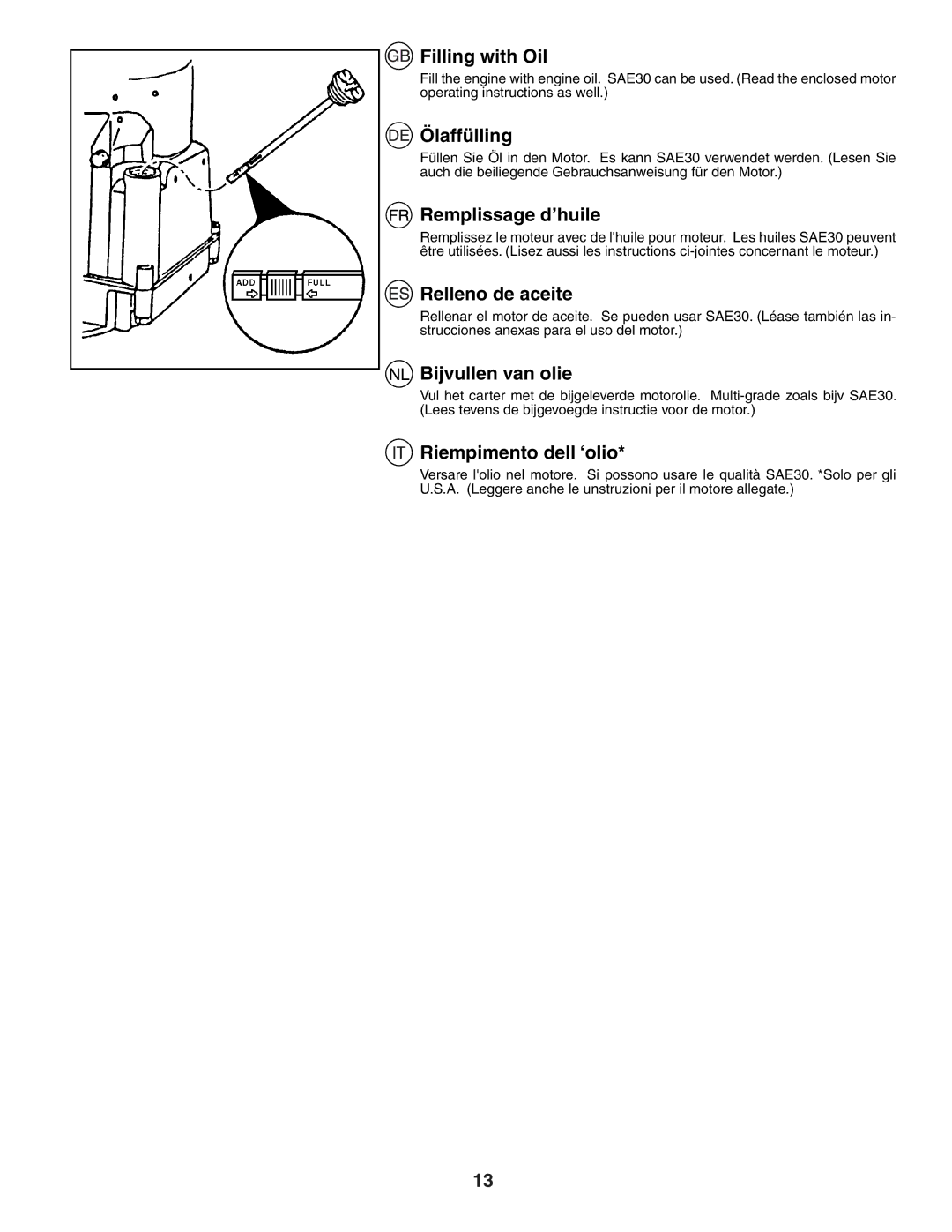 Husqvarna J50 instruction manual Filling with Oil, Ölaffülling, Remplissage d’huile, Relleno de aceite, Bijvullen van olie 