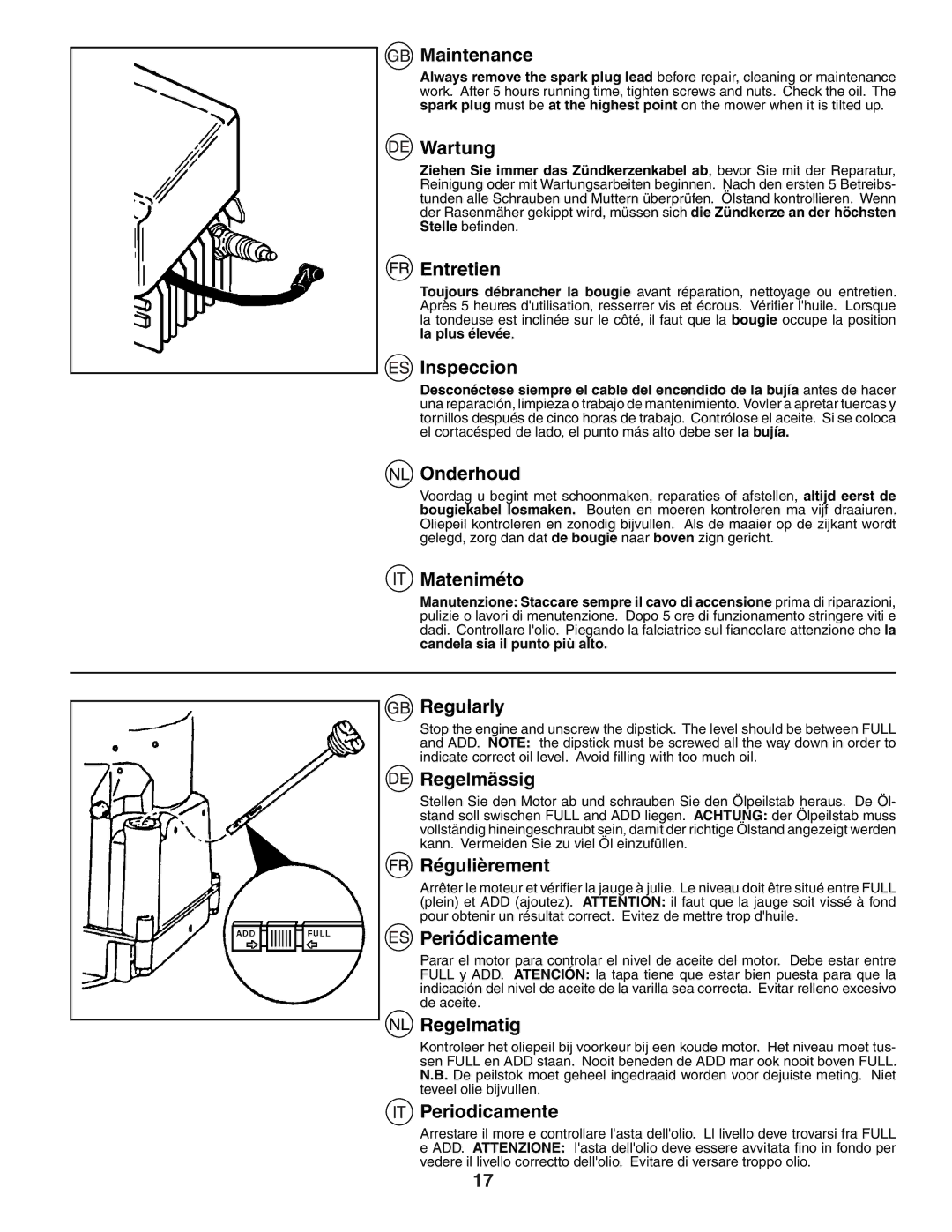 Husqvarna J50 Maintenance, Wartung, Entretien, Inspeccion, Onderhoud, Mateniméto, Regularly, Regelmässig, Régulièrement 