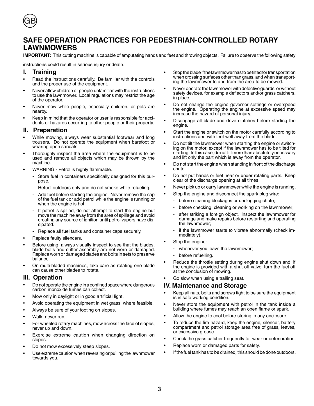 Husqvarna J50 instruction manual Training, II. Preparation, III. Operation, IV. Maintenance and Storage 