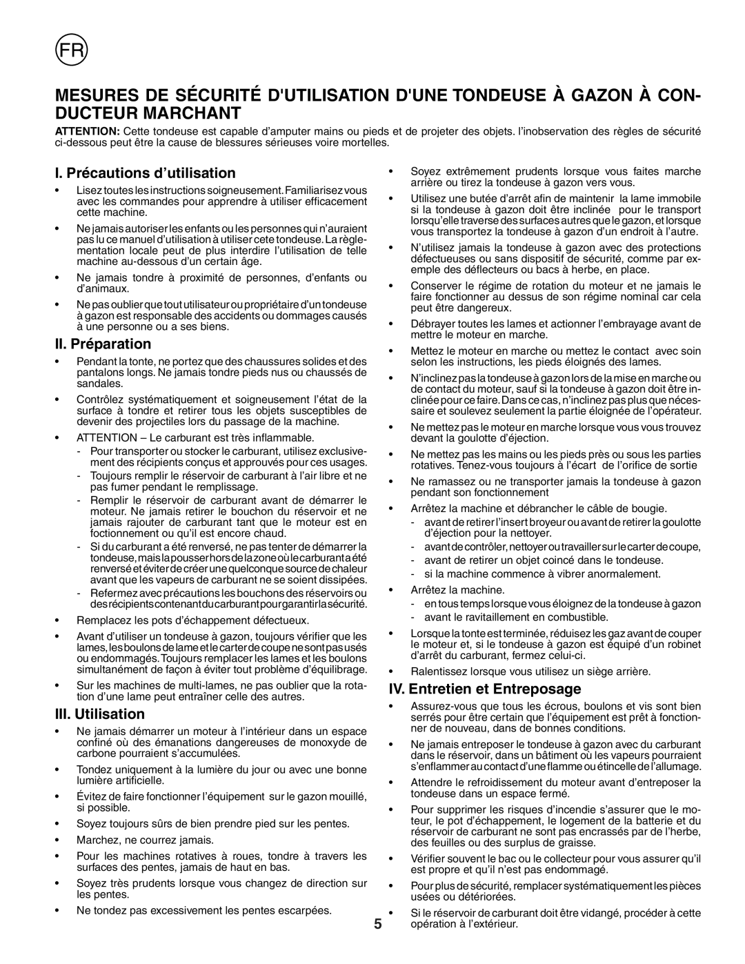 Husqvarna J50 instruction manual Précautions d’utilisation, II. Préparation, III. Utilisation, IV. Entretien et Entreposage 