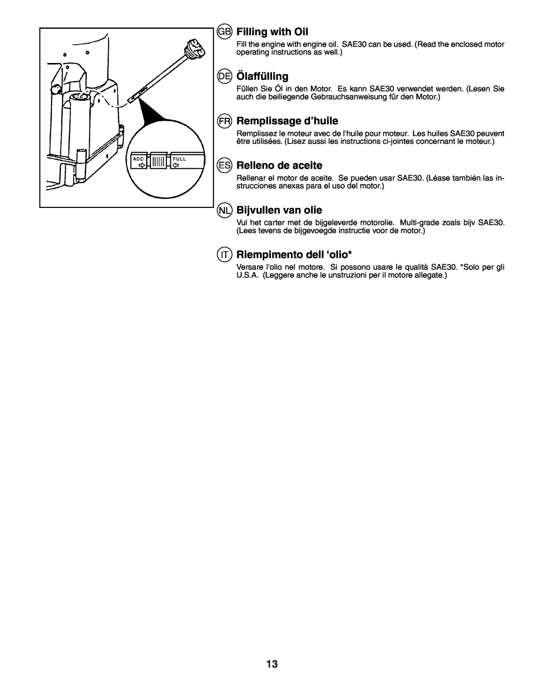 Husqvarna J50 instruction manual Filling with Oil, Ölaffülling, Remplissage d’huile, Relleno de aceite, Bijvullen van olie 