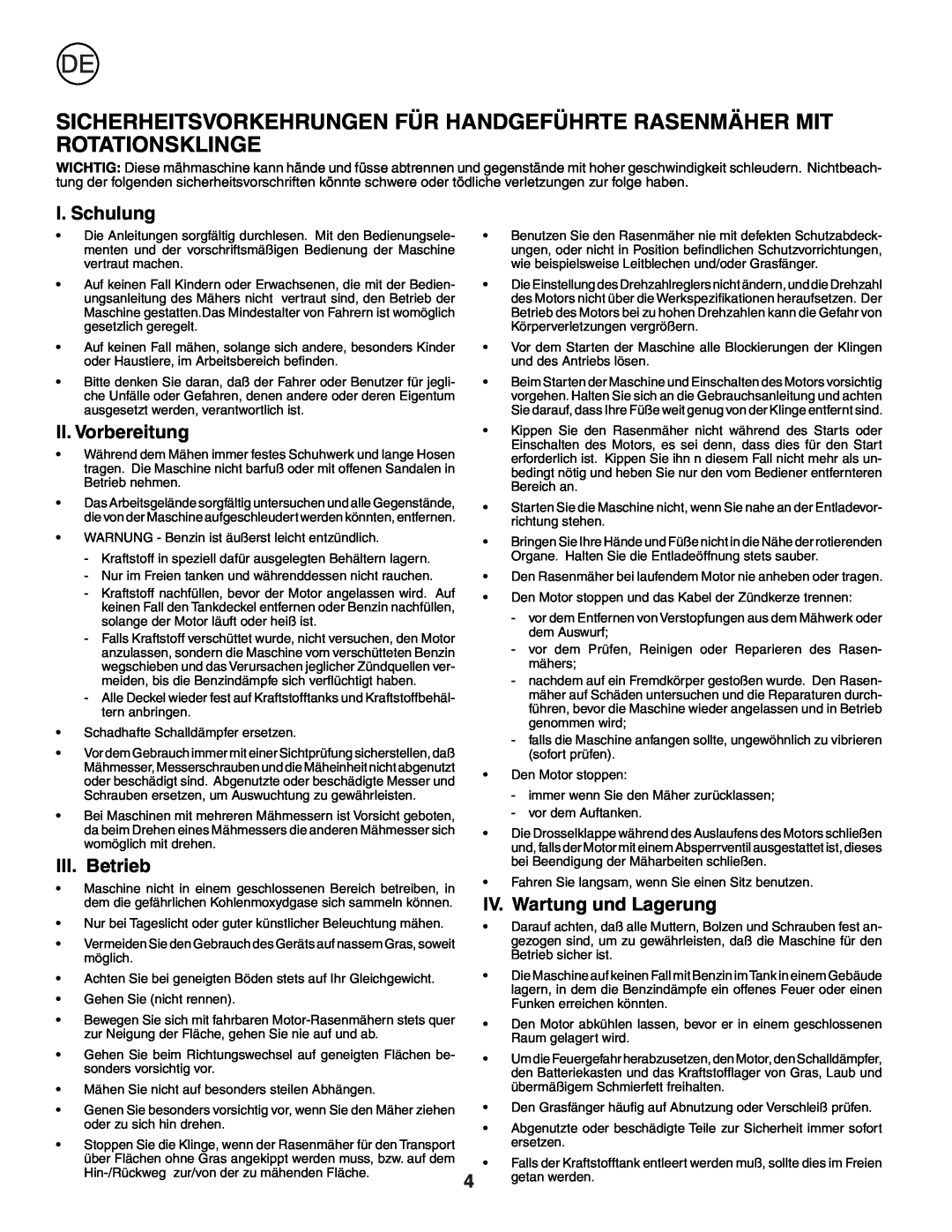Husqvarna J50 instruction manual I. Schulung, II. Vorbereitung, III. Betrieb, IV. Wartung und Lagerung 