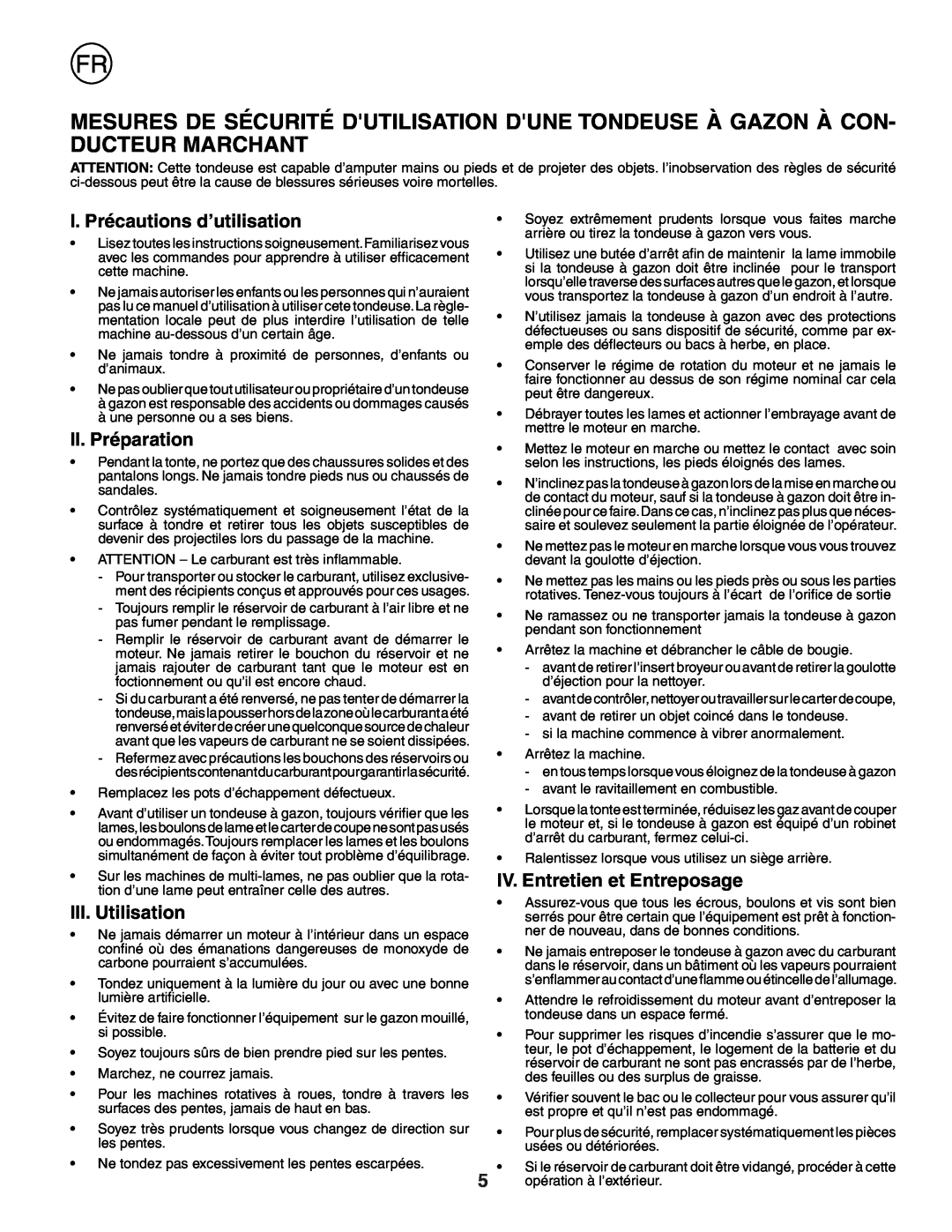 Husqvarna J50 I. Précautions d’utilisation, II. Préparation, III. Utilisation, IV. Entretien et Entreposage 