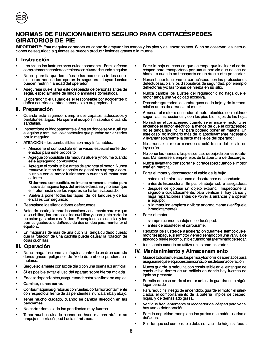 Husqvarna J50 instruction manual I. Instrucción, II. Preparación, III. Operación, IV. Mantenimiento y Almacenamiento 