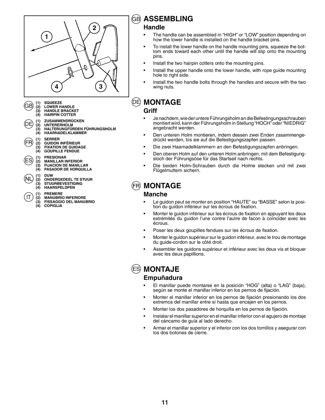 Husqvarna J50R instruction manual Handle, Griff, Manche, Empuñadura 