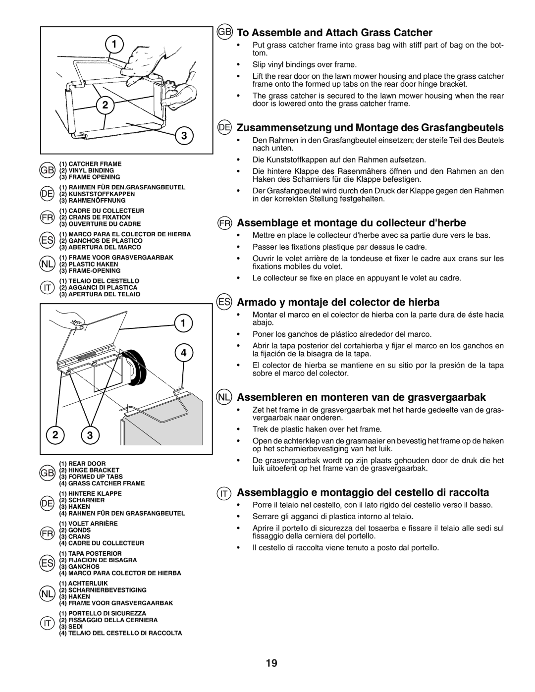 Husqvarna J50R instruction manual To Assemble and Attach Grass Catcher, Zusammensetzung und Montage des Grasfangbeutels 