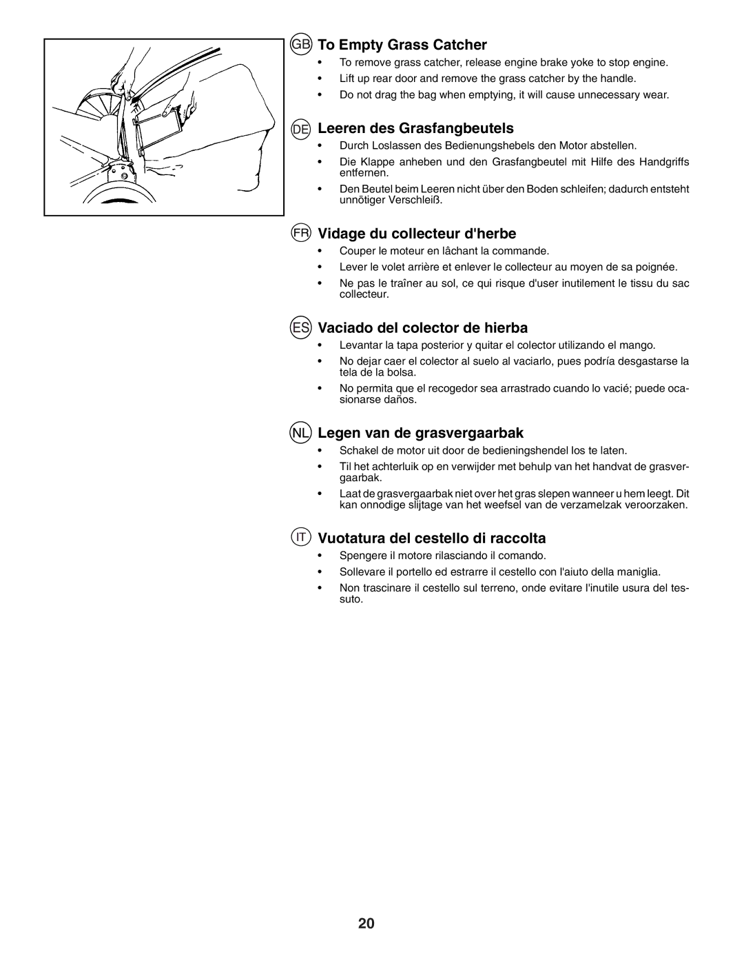 Husqvarna J50R instruction manual To Empty Grass Catcher, Leeren des Grasfangbeutels, Vidage du collecteur dherbe 