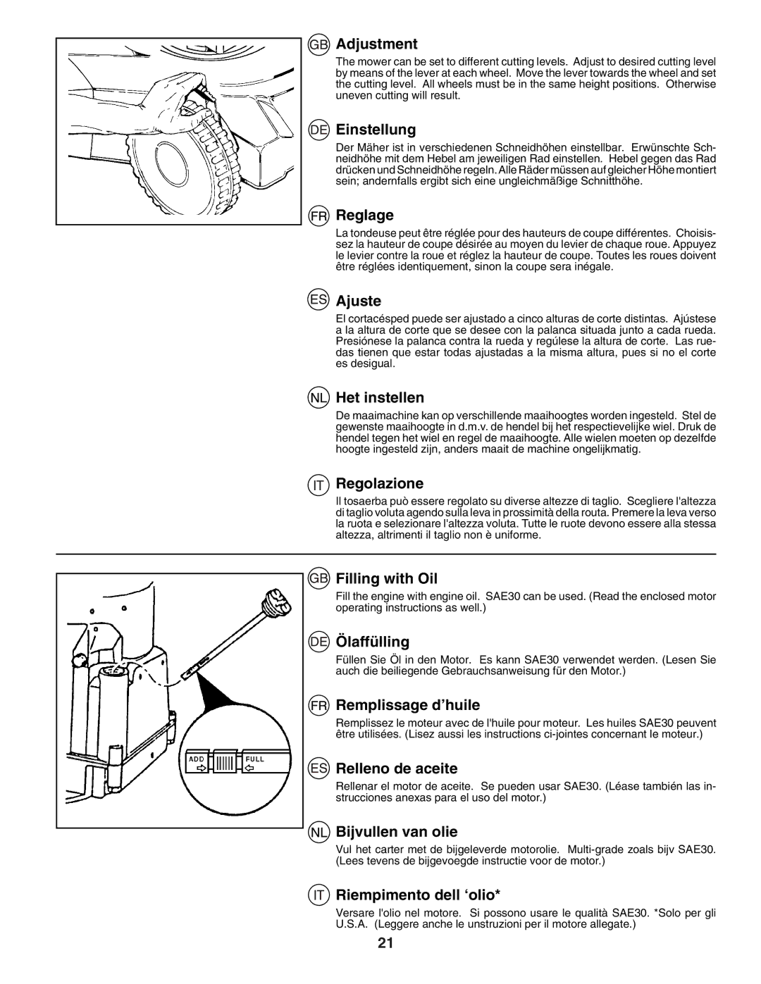 Husqvarna J50R Adjustment, Einstellung, Reglage, Ajuste, Het instellen, Regolazione, Filling with Oil, Ölaffülling 