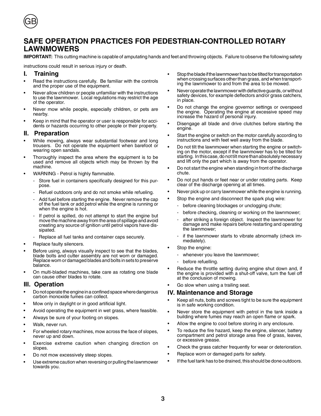 Husqvarna J50R instruction manual Training, II. Preparation, III. Operation, IV. Maintenance and Storage 