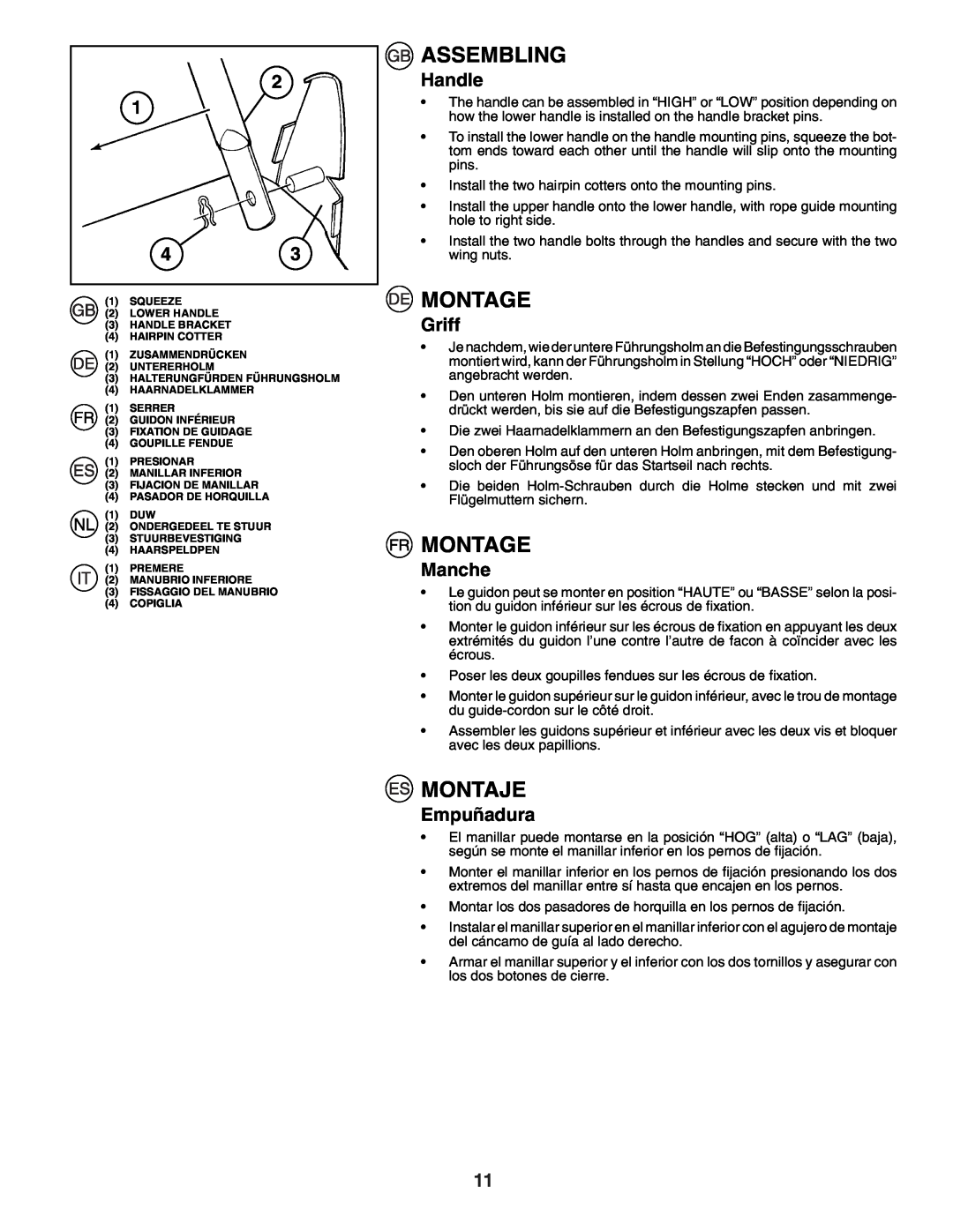 Husqvarna J50R instruction manual Assembling, Montage, Montaje, Handle, Griff, Manche, Empuñadura 
