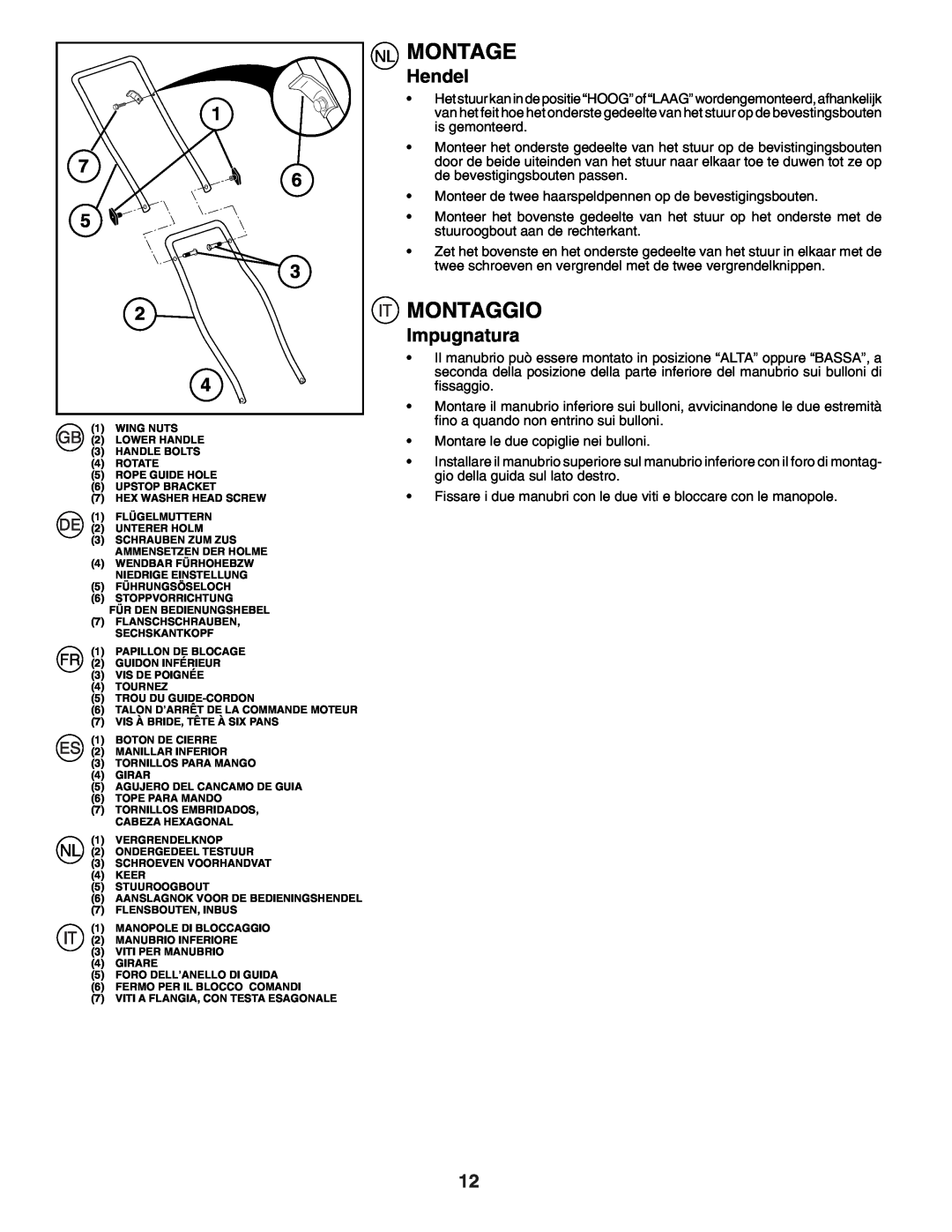 Husqvarna J50R instruction manual Montaggio, Hendel, 7 6, Impugnatura, Montage 